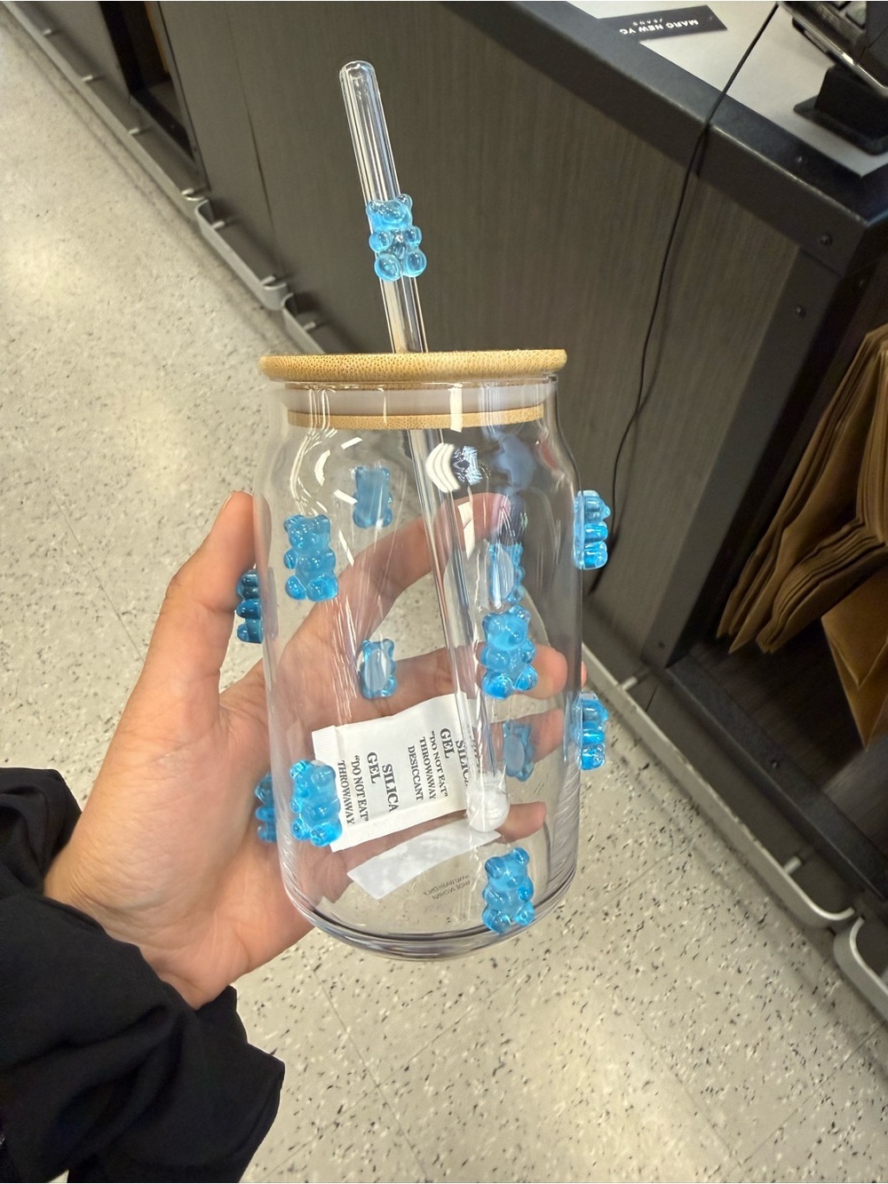 Clear Glass Tumbler with Blue Gummy Bear Accents and Straw